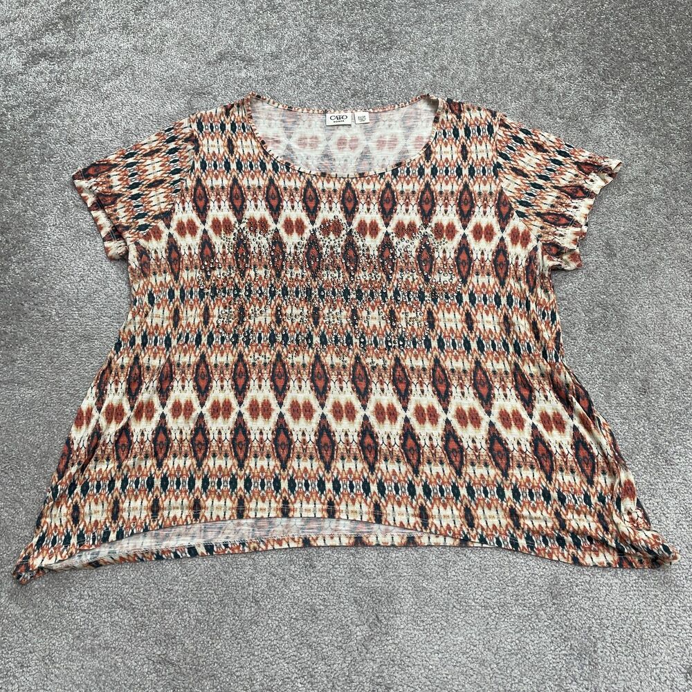 Cato Studded Aztec Blouse Womens 22/24 Brown Geometric Short Sleeve Rayon Casual